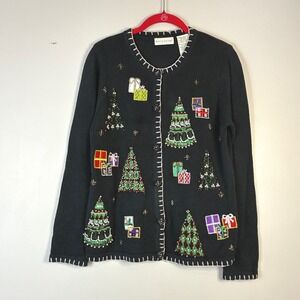Vintage White Stag Womens Christmas Sweater Cardigan Black Beaded Sequins Small